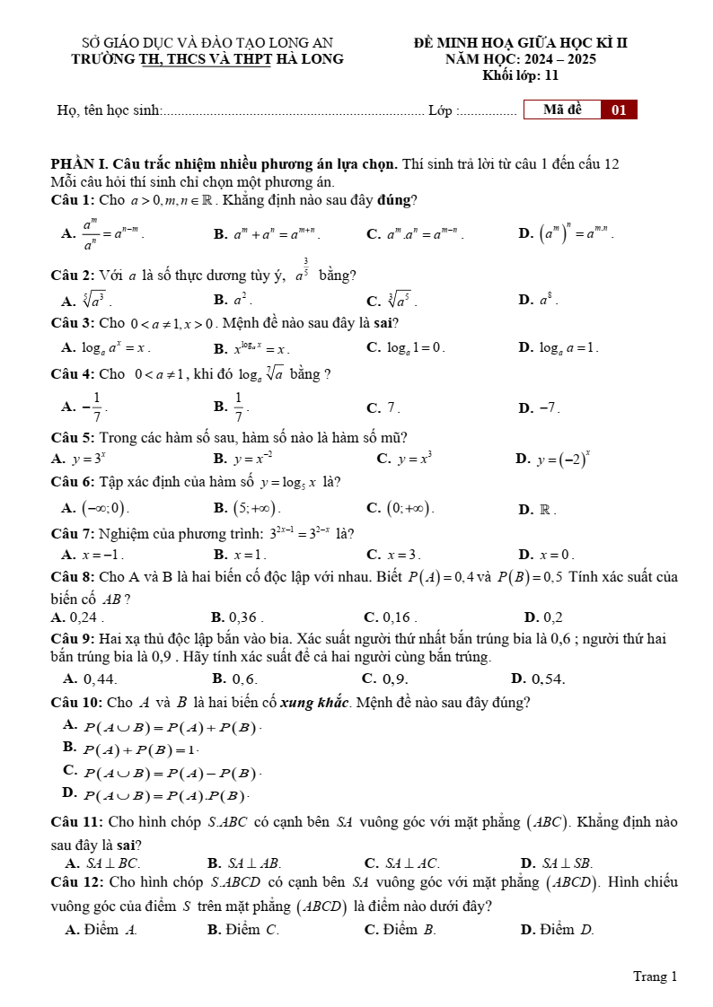 Đề thi Giữa kì 2 Toán 11 trường Hà Long (Long An) năm 2024-2025