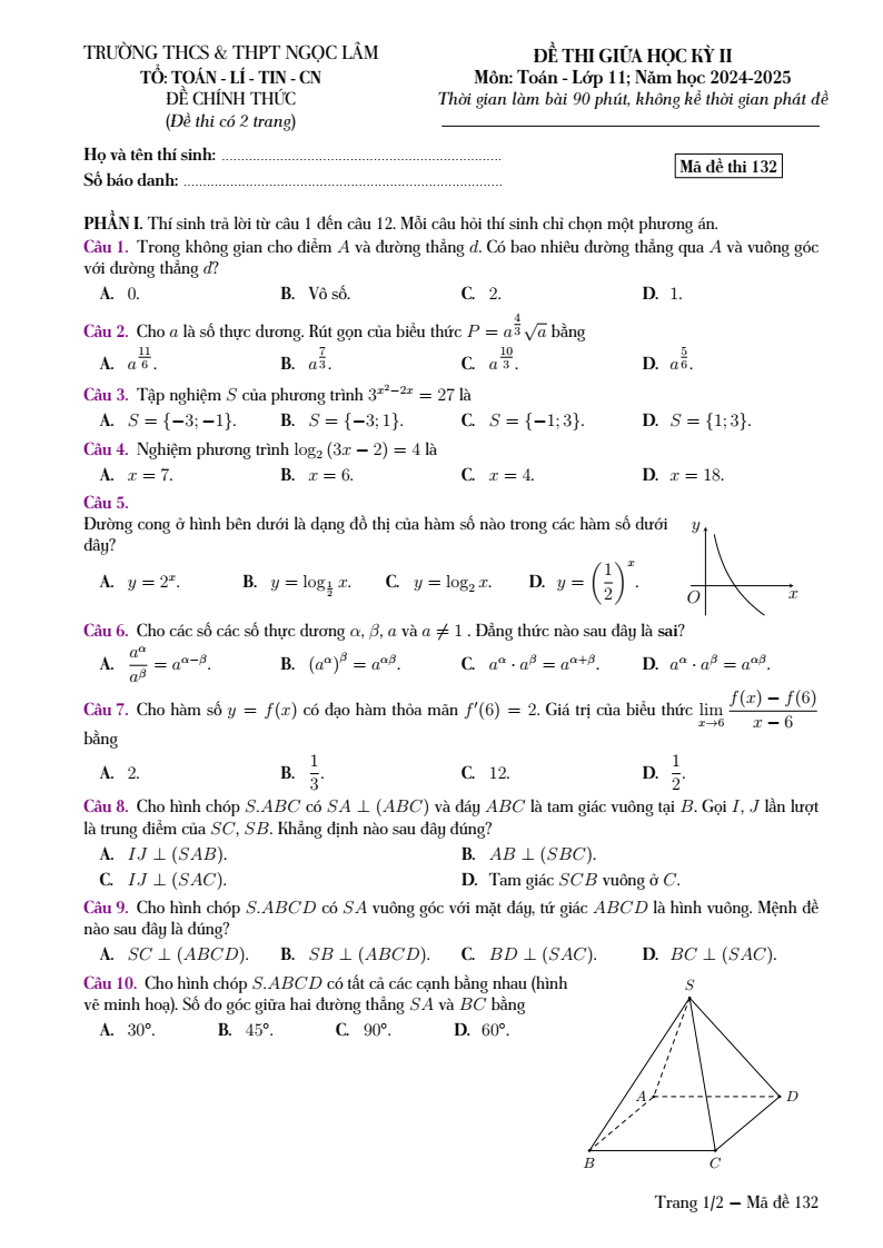 Đề thi Giữa kì 2 Toán 11 trường Ngọc Lâm (Đồng Nai) năm 2024-2025