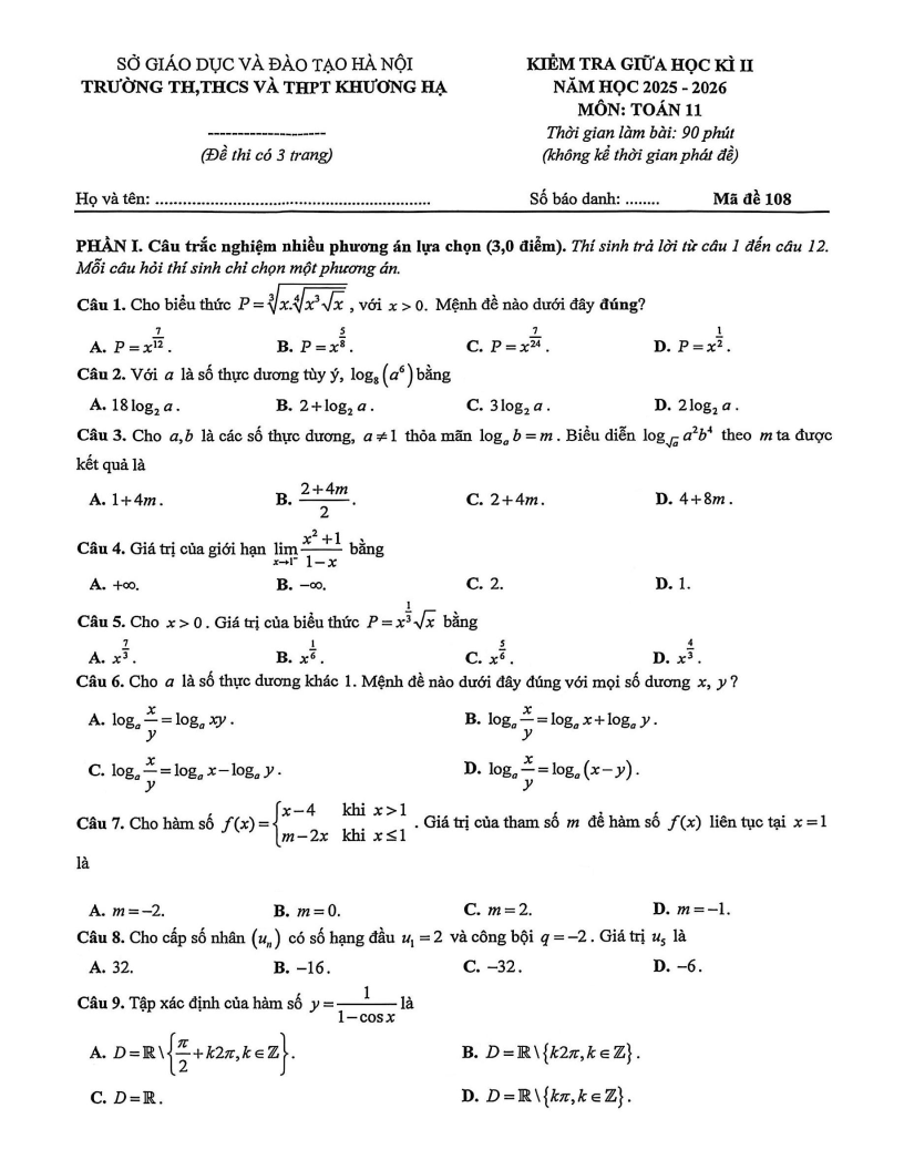 Đề thi Giữa kì 2 Toán 11 trường TH, THCS và THPT Khương Hạ (Hà Nội) năm 2025-2026
