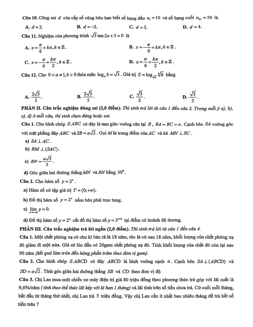 Đề thi Giữa kì 2 Toán 11 trường TH, THCS và THPT Khương Hạ (Hà Nội) năm 2025-2026