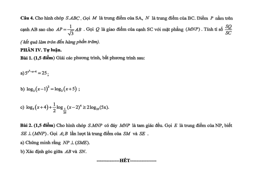Đề thi Giữa kì 2 Toán 11 trường TH, THCS và THPT Khương Hạ (Hà Nội) năm 2025-2026