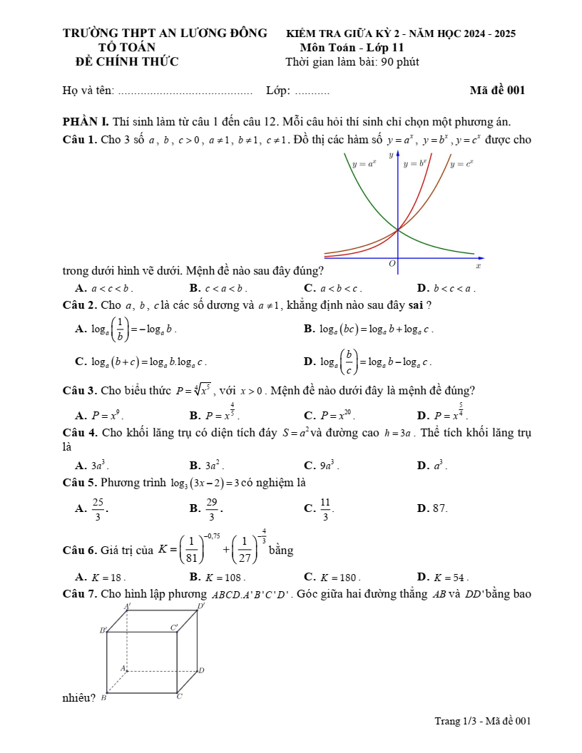 Đề thi Giữa kì 2 Toán 11 trường THPT An Lương Đông (Huế) năm 2024-2025