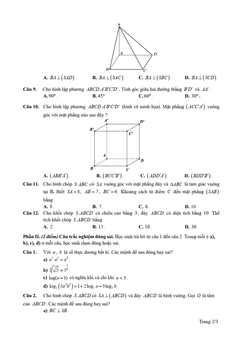 Đề thi Giữa kì 2 Toán 11 trường THPT Âu Cơ (Quảng Nam) năm 2024-2025