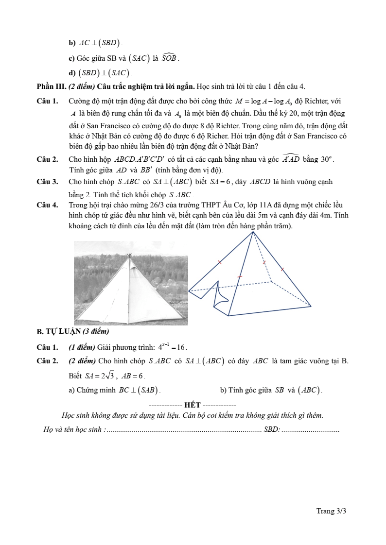 Đề thi Giữa kì 2 Toán 11 trường THPT Âu Cơ (Quảng Nam) năm 2024-2025