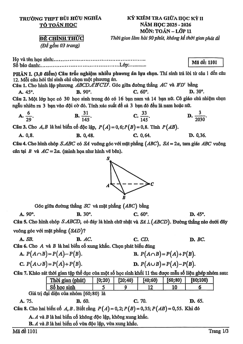 Đề thi Giữa kì 2 Toán 11 trường THPT Bùi Hữu Nghĩa (Cần Thơ) năm 2025-2026