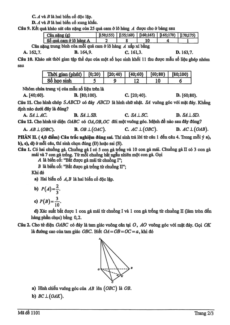 Đề thi Giữa kì 2 Toán 11 trường THPT Bùi Hữu Nghĩa (Cần Thơ) năm 2025-2026