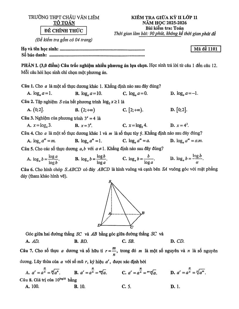 Đề thi Giữa kì 2 Toán 11 trường THPT Châu Văn Liêm (Cần Thơ) năm 2025-2026