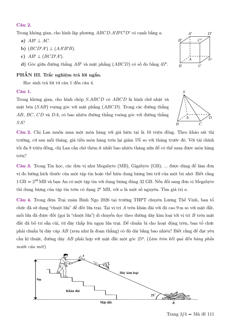 Đề thi Giữa kì 2 Toán 11 trường THPT Chuyên Lương Thế Vinh (Đồng Nai) năm 2025-2026