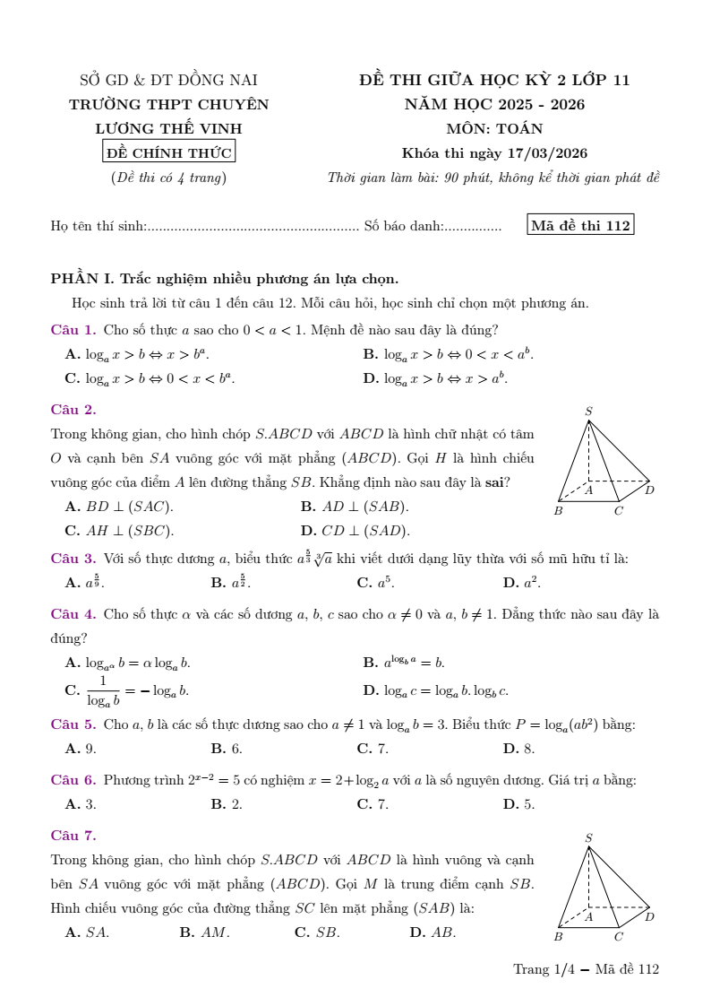 Đề thi Giữa kì 2 Toán 11 trường THPT Chuyên Lương Thế Vinh (Đồng Nai) năm 2025-2026