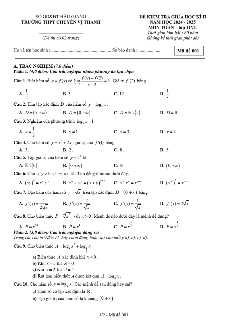 Đề thi Giữa kì 2 Toán 11 trường THPT chuyên Vị Thanh (Hậu Giang) năm 2024-2025