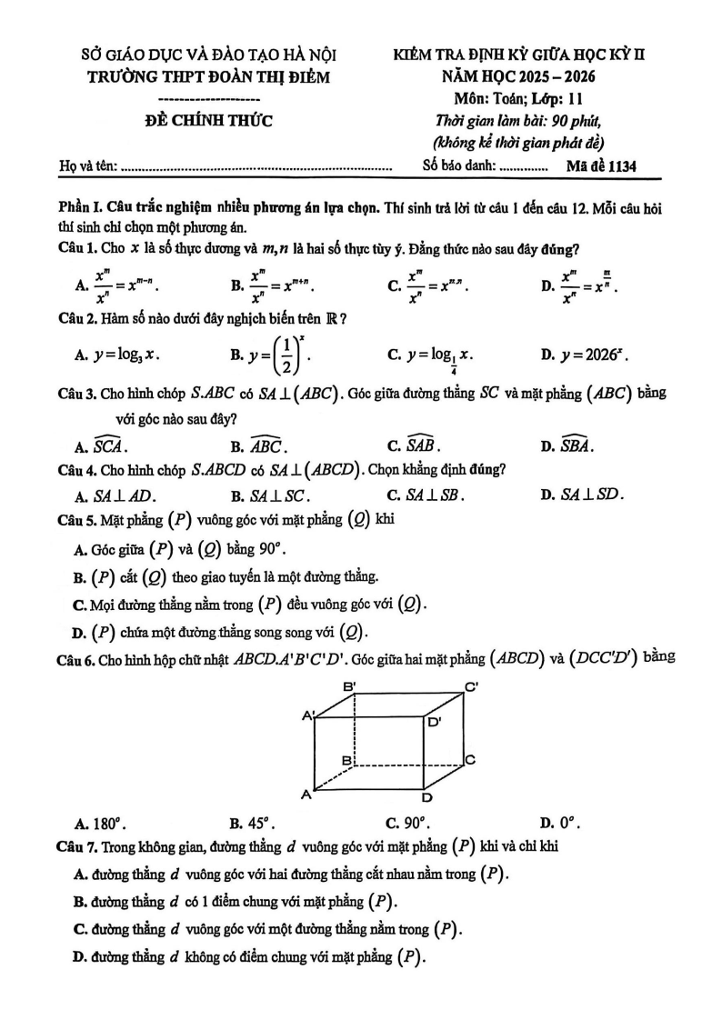 Đề thi Giữa kì 2 Toán 11 trường THPT Đoàn Thị Điểm (Hà Nội) năm 2025-2026
