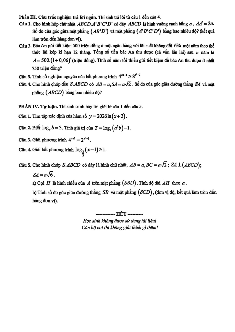 Đề thi Giữa kì 2 Toán 11 trường THPT Đoàn Thị Điểm (Hà Nội) năm 2025-2026