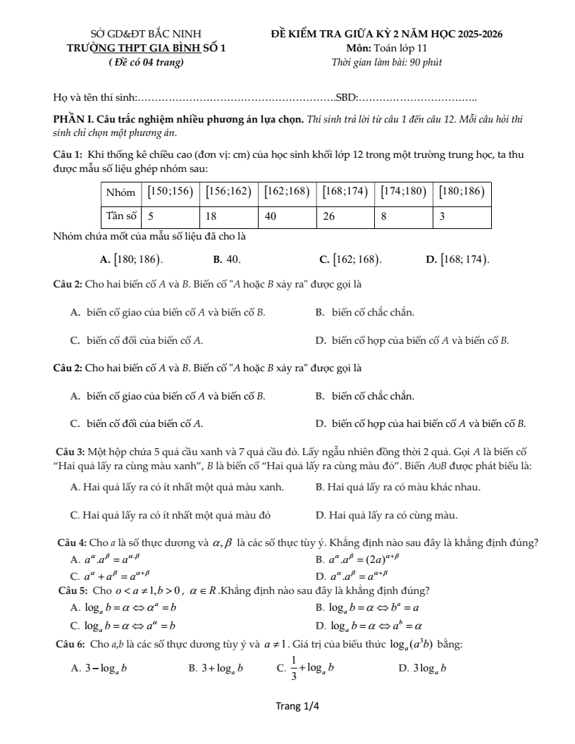 Đề thi Giữa kì 2 Toán 11 trường THPT Gia Bình Số 1 (Bắc Ninh) năm 2025-2026