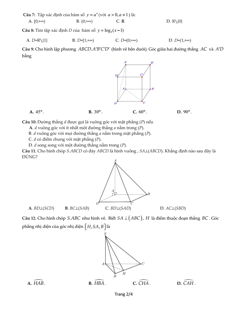 Đề thi Giữa kì 2 Toán 11 trường THPT Gia Bình Số 1 (Bắc Ninh) năm 2025-2026
