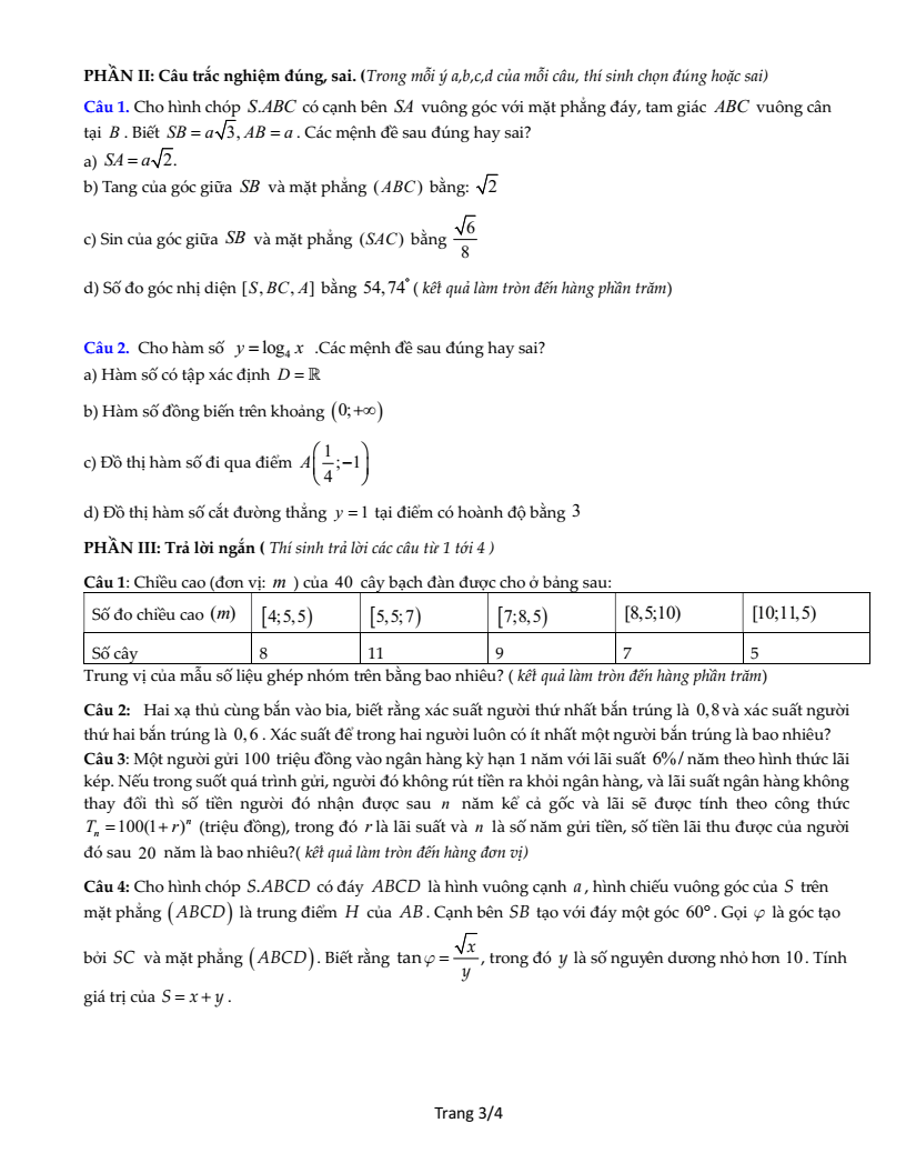 Đề thi Giữa kì 2 Toán 11 trường THPT Gia Bình Số 1 (Bắc Ninh) năm 2025-2026