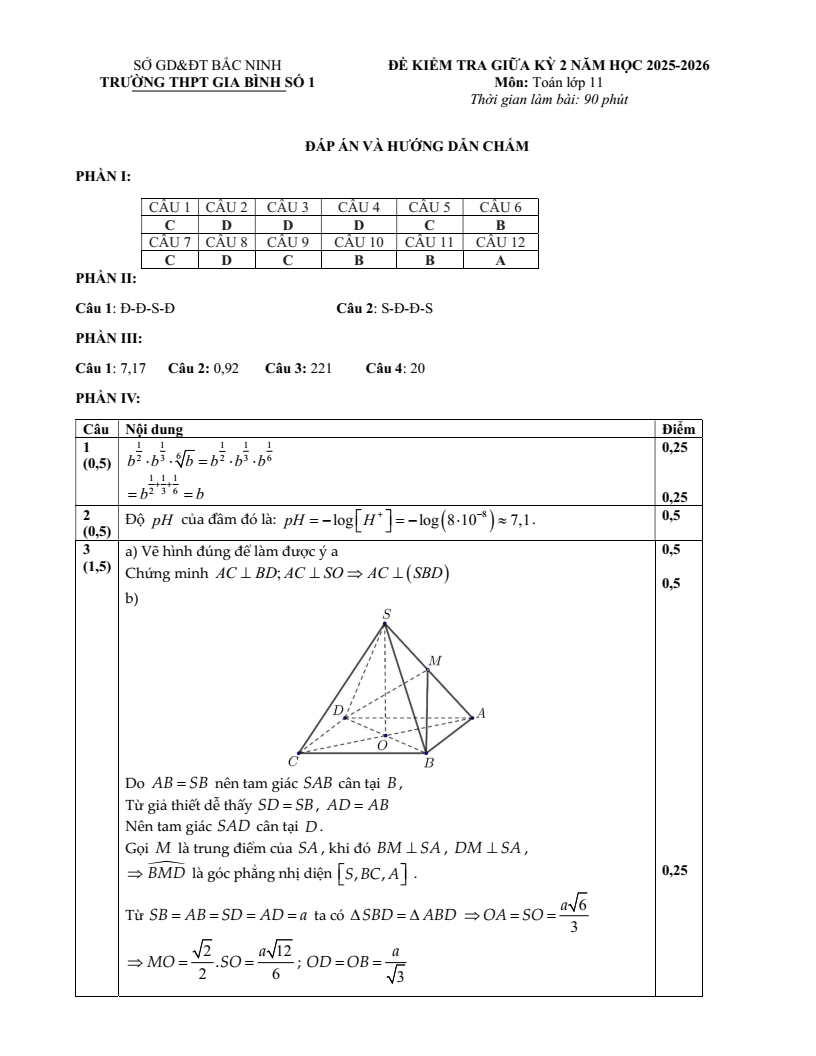 Đề thi Giữa kì 2 Toán 11 trường THPT Gia Bình Số 1 (Bắc Ninh) năm 2025-2026