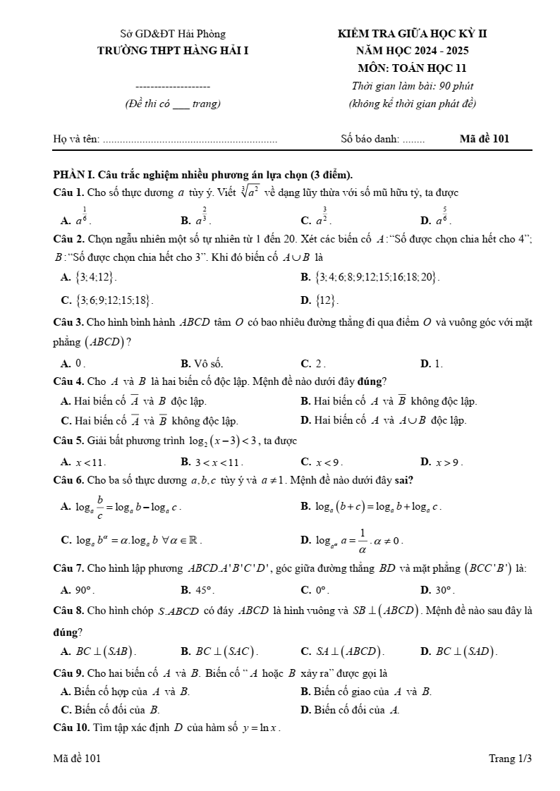 Đề thi Giữa kì 2 Toán 11 trường THPT Hàng Hải 1 (Hải Phòng) năm 2024-2025