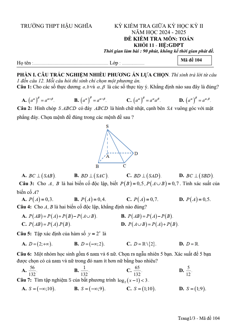 Đề thi Giữa kì 2 Toán 11 trường THPT Hậu Nghĩa (Long An) năm 2024-2025