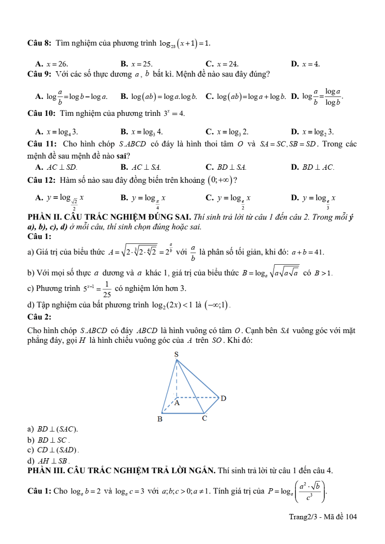 Đề thi Giữa kì 2 Toán 11 trường THPT Hậu Nghĩa (Long An) năm 2024-2025