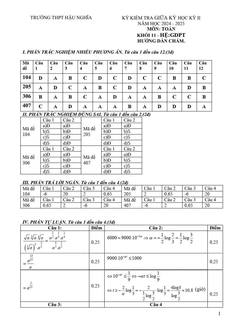 Đề thi Giữa kì 2 Toán 11 trường THPT Hậu Nghĩa (Long An) năm 2024-2025