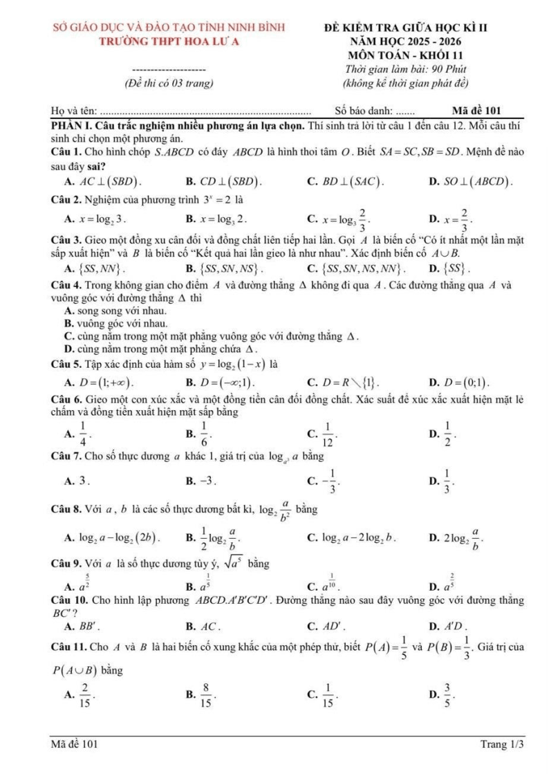 Đề thi Giữa kì 2 Toán 11 trường THPT Hoa Lư A (Ninh Bình) năm 2025-2026