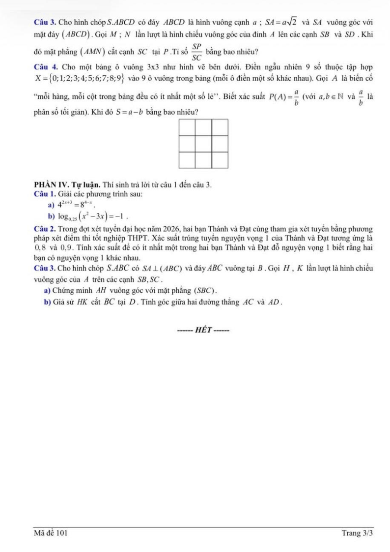 Đề thi Giữa kì 2 Toán 11 trường THPT Hoa Lư A (Ninh Bình) năm 2025-2026