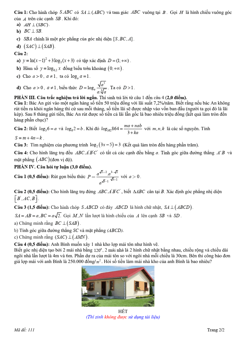 Đề thi Giữa kì 2 Toán 11 trường THPT Hướng Hóa (Quảng Trị) năm 2024-2025