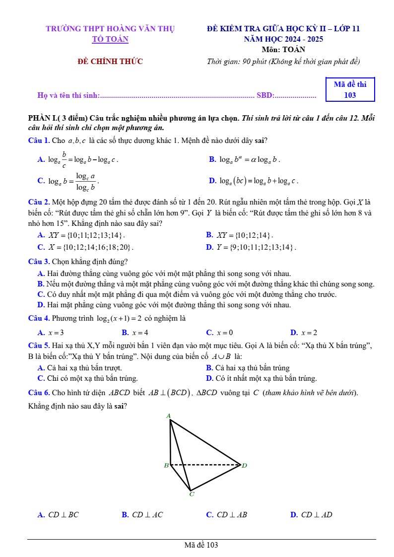 Đề thi Giữa kì 2 Toán 11 trường THPT Hoàng Văn Thụ (Hà Nội) năm 2024-2025