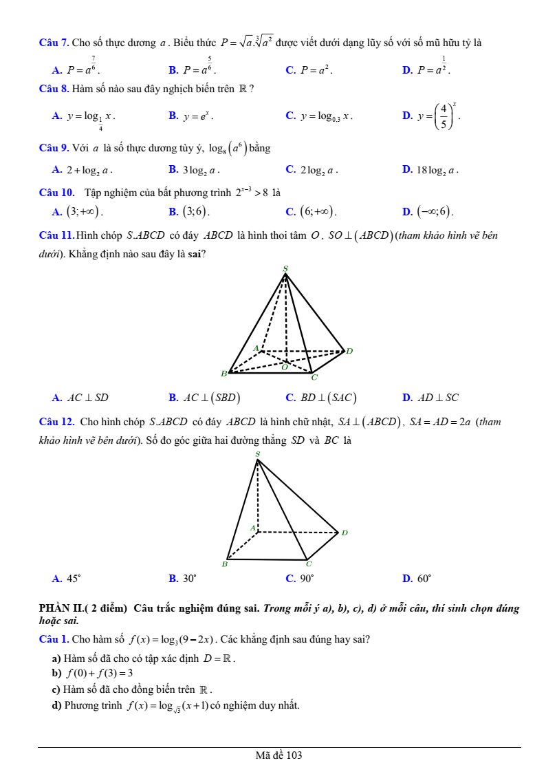 Đề thi Giữa kì 2 Toán 11 trường THPT Hoàng Văn Thụ (Hà Nội) năm 2024-2025