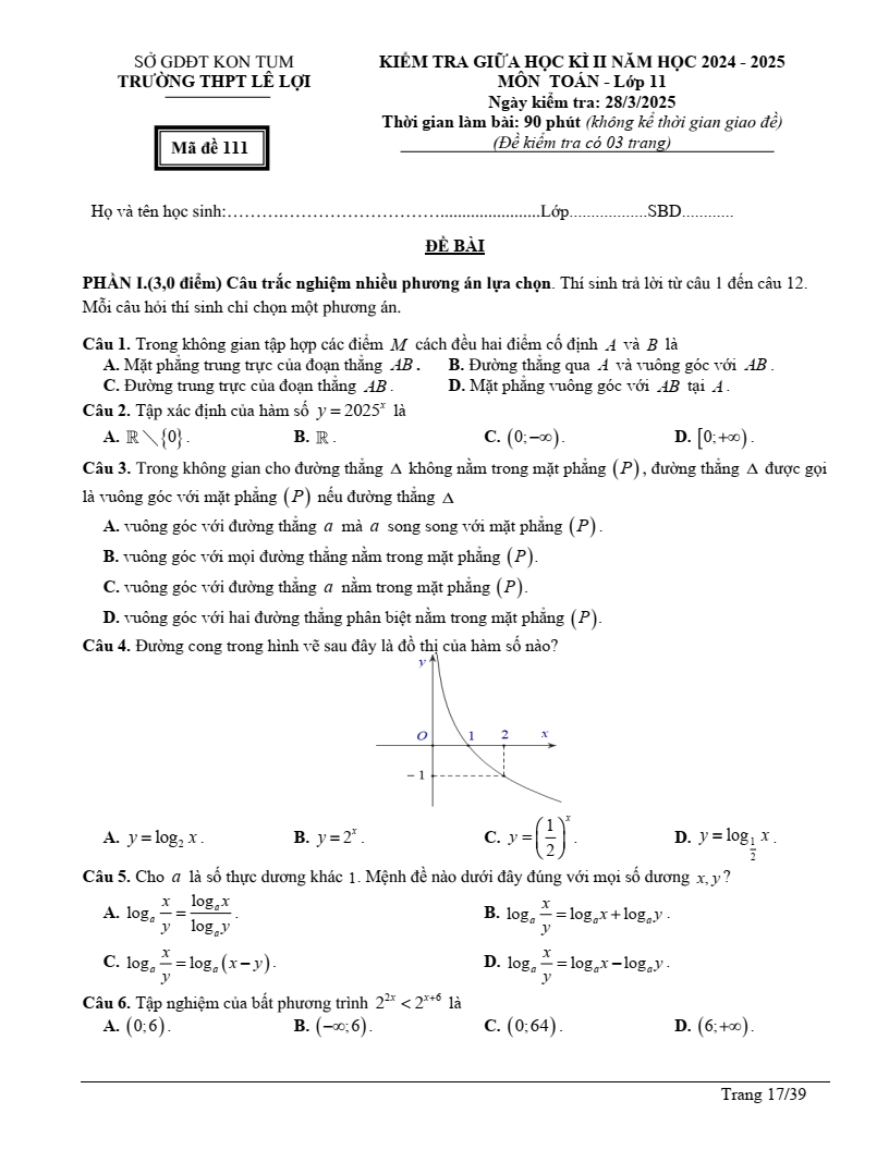 Đề thi Giữa kì 2 Toán 11 trường THPT Lê Lợi (Kon Tum) năm 2024-2025