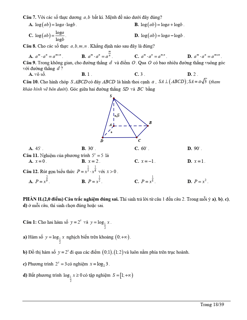 Đề thi Giữa kì 2 Toán 11 trường THPT Lê Lợi (Kon Tum) năm 2024-2025