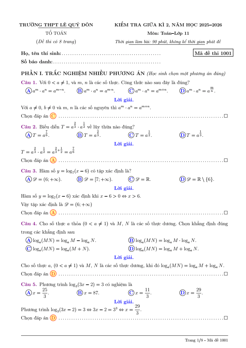 Đề thi Giữa kì 2 Toán 11 trường THPT Lê Quý Đôn (Quảng Ngãi) năm 2025-2026