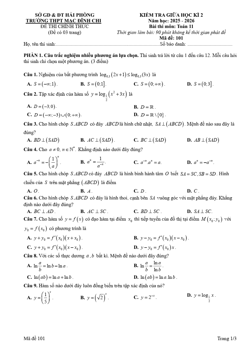 Đề thi Giữa kì 2 Toán 11 trường THPT Mạc Đĩnh Chi (Hải Phòng) năm 2025-2026