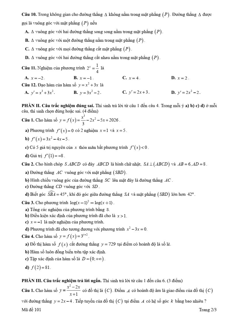 Đề thi Giữa kì 2 Toán 11 trường THPT Mạc Đĩnh Chi (Hải Phòng) năm 2025-2026