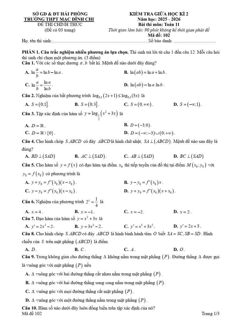 Đề thi Giữa kì 2 Toán 11 trường THPT Mạc Đĩnh Chi (Hải Phòng) năm 2025-2026