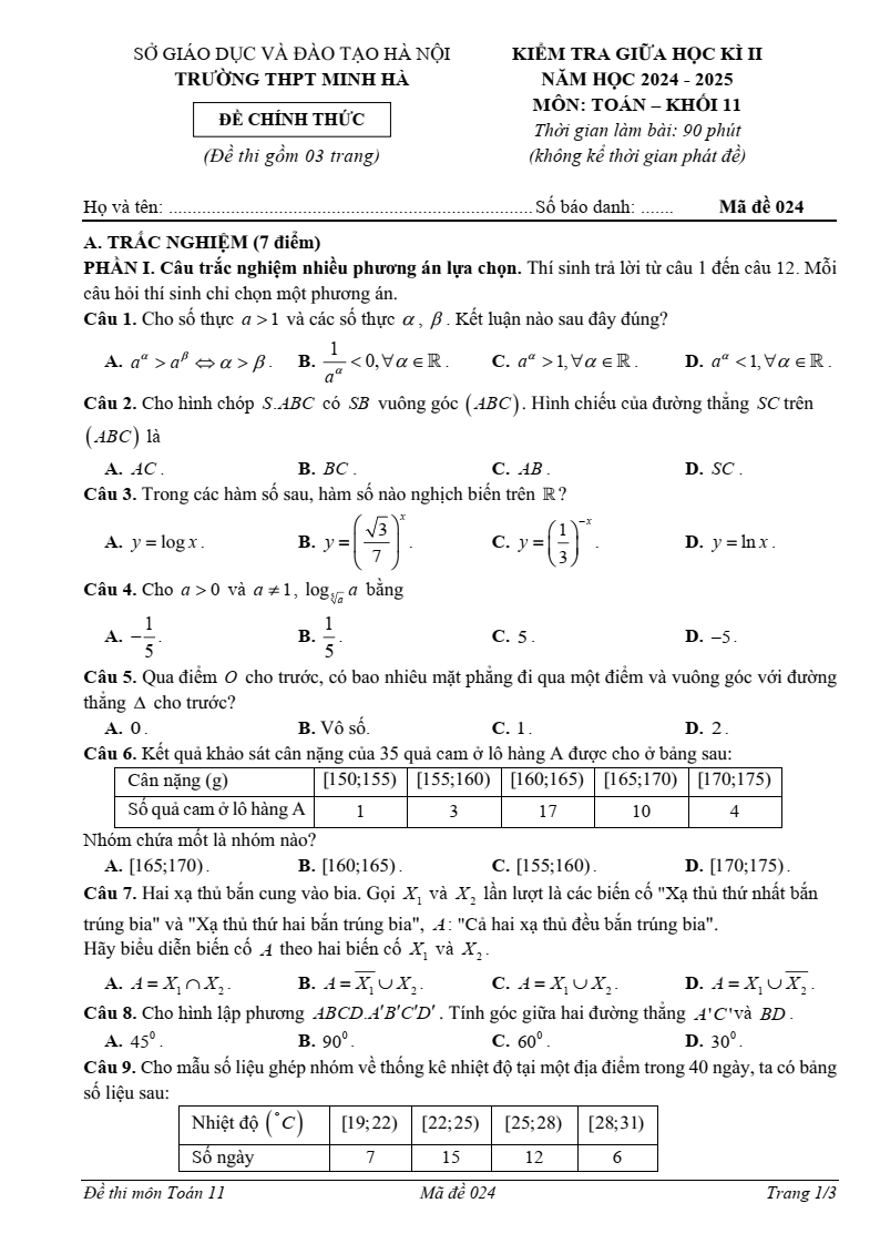 Đề thi Giữa kì 2 Toán 11 trường THPT Minh Hà (Hà Nội) năm 2024-2025