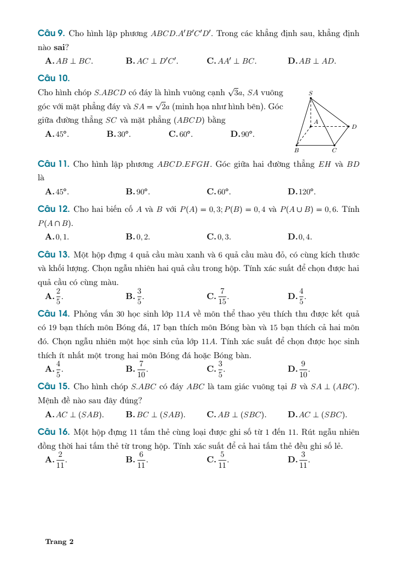 Đề thi Giữa kì 2 Toán 11 trường THPT Ninh Bình - Bạc Liêu (Ninh Bình) năm 2024-2025