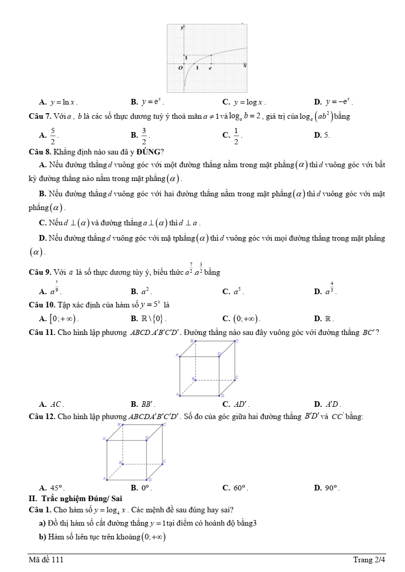 Đề thi Giữa kì 2 Toán 11 trường THPT Nguyễn Chí Thanh (Tây Ninh) năm 2024-2025