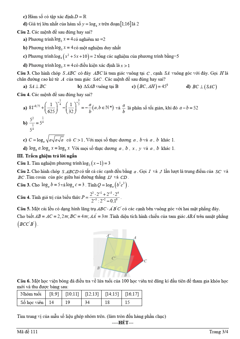 Đề thi Giữa kì 2 Toán 11 trường THPT Nguyễn Chí Thanh (Tây Ninh) năm 2024-2025