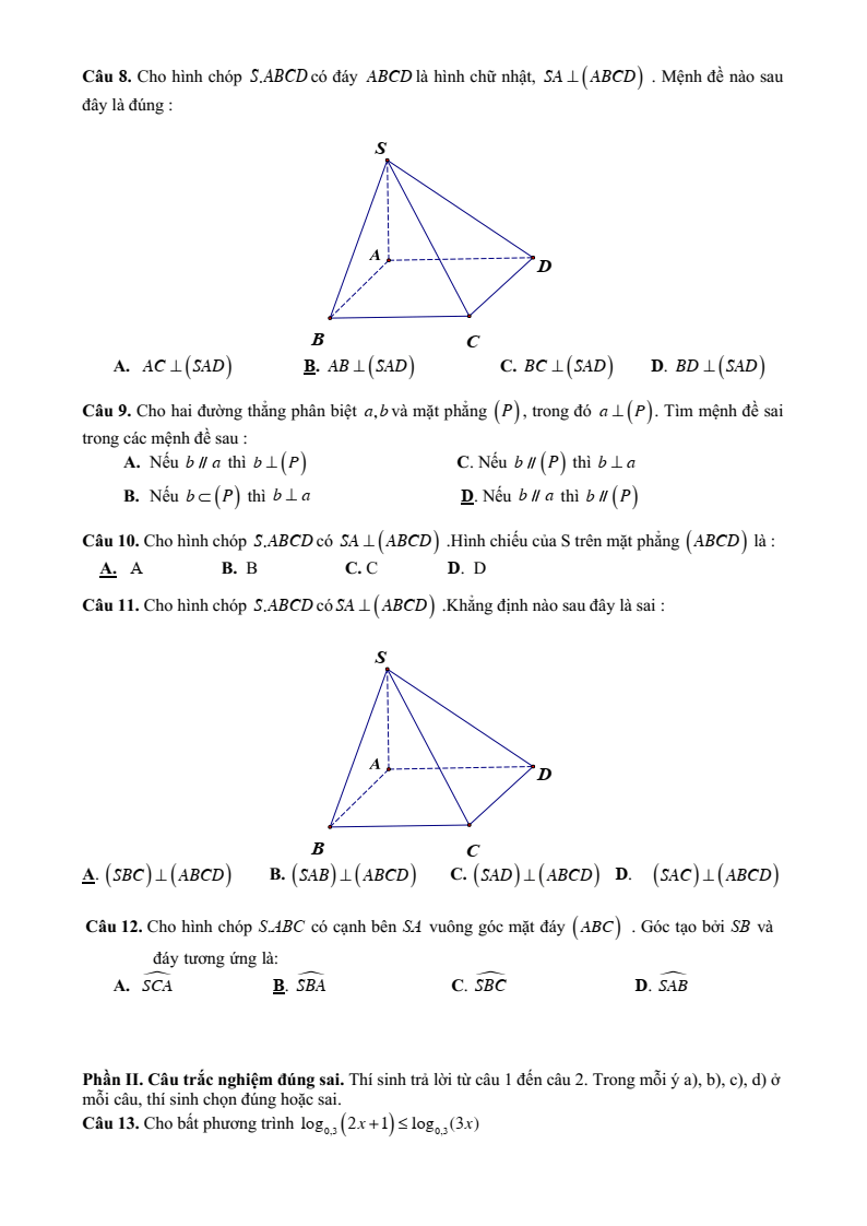 Đề thi Giữa kì 2 Toán 11 trường THPT Ngọc Lặc (Thanh Hóa) năm 2024-2025