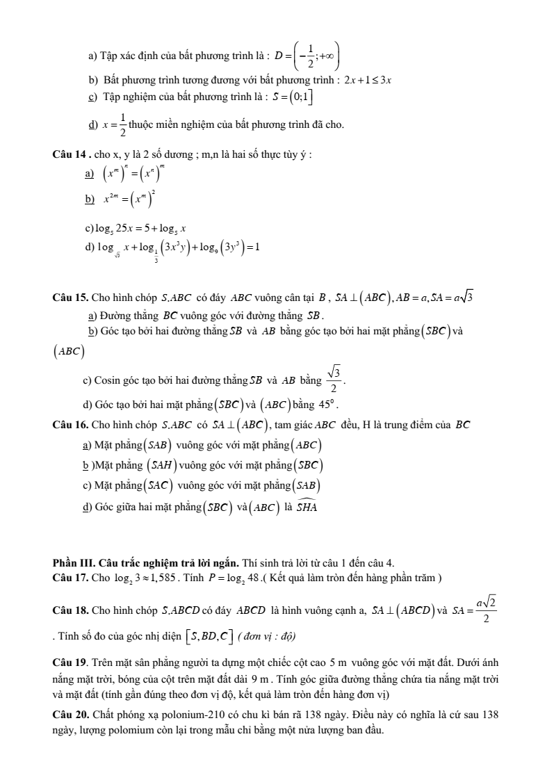 Đề thi Giữa kì 2 Toán 11 trường THPT Ngọc Lặc (Thanh Hóa) năm 2024-2025