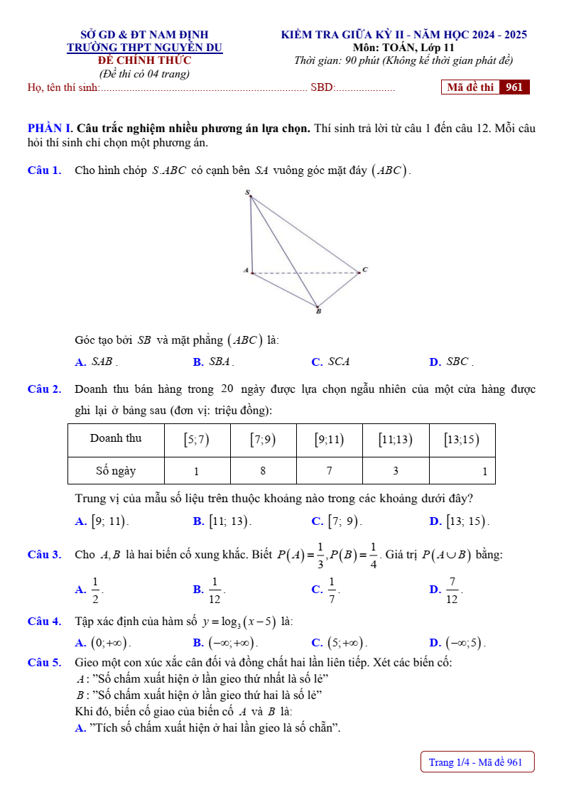 Đề thi Giữa kì 2 Toán 11 trường THPT Nguyễn Du (Nam Định) năm 2024-2025