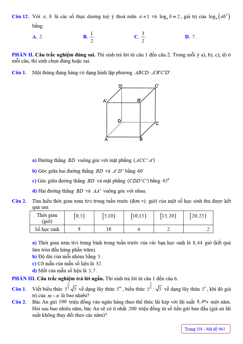 Đề thi Giữa kì 2 Toán 11 trường THPT Nguyễn Du (Nam Định) năm 2024-2025