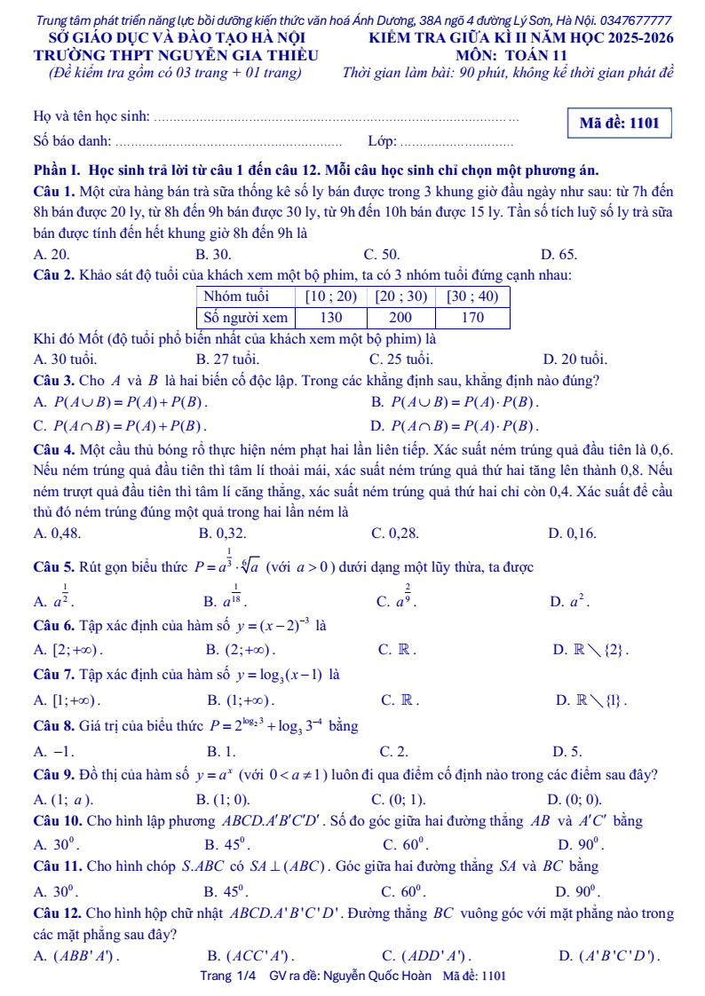 Đề thi Giữa kì 2 Toán 11 trường THPT Nguyễn Gia Thiều (Hà Nội) năm 2025-2026