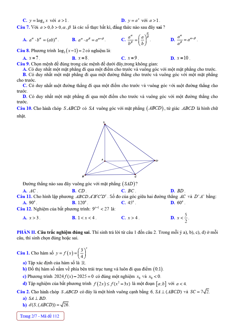 Đề thi Giữa kì 2 Toán 11 trường THPT Nguyễn Huệ (Huế) năm 2024-2025