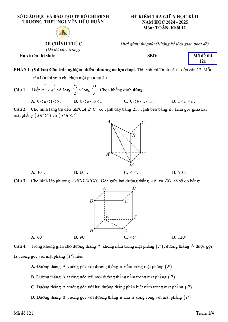 Đề thi Giữa kì 2 Toán 11 trường THPT Nguyễn Hữu Huân (Tp.HCM) năm 2024-2025