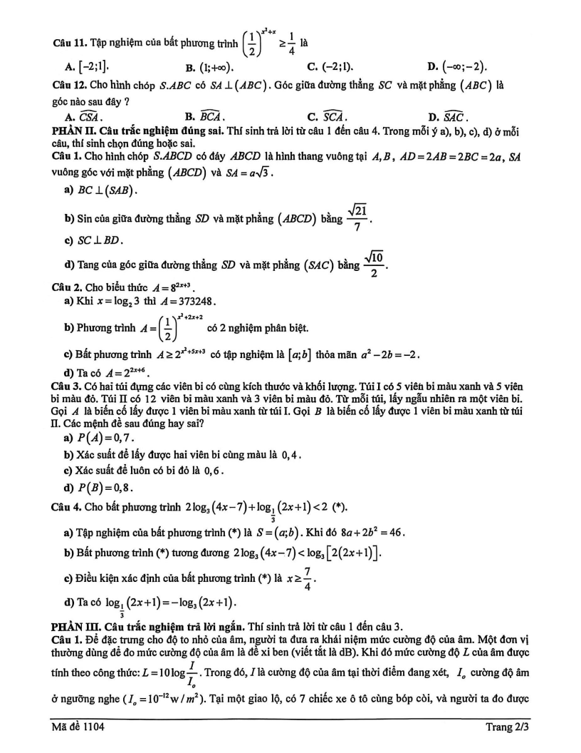 Đề thi Giữa kì 2 Toán 11 trường THPT Ninh Bình - Bạc Liêu (Ninh Bình) năm 2025-2026