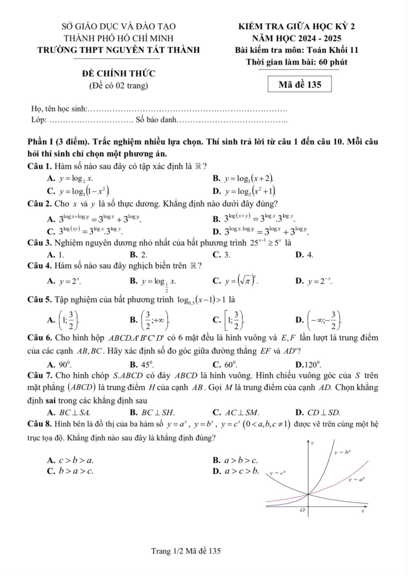 Đề thi Giữa kì 2 Toán 11 trường THPT Nguyễn Tất Thành (Tp.HCM) năm 2024-2025