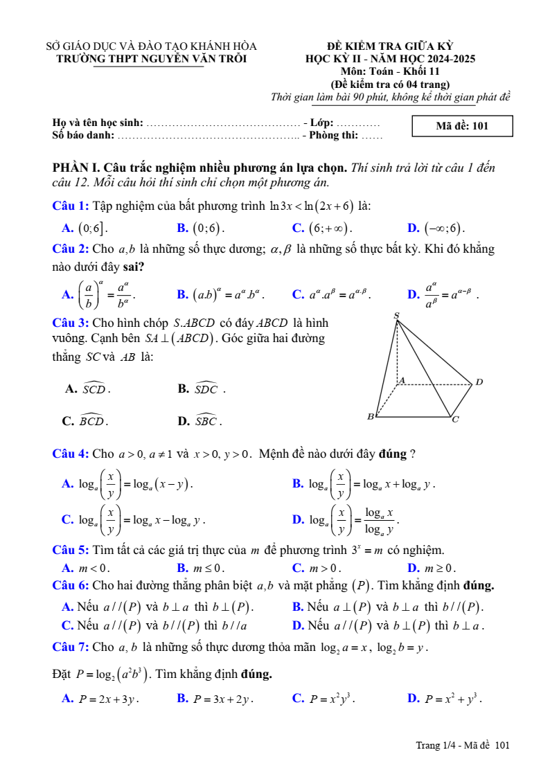 Đề thi Giữa kì 2 Toán 11 trường THPT Nguyễn Văn Trỗi (Khánh Hòa) năm 2024-2025