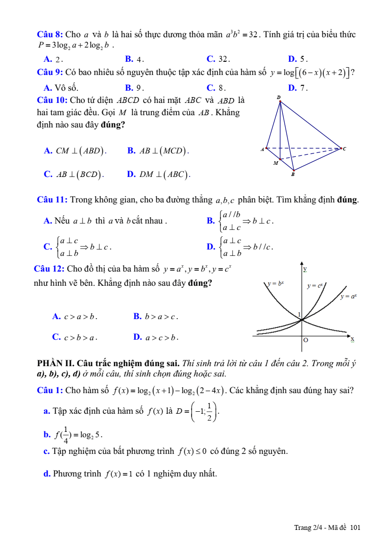 Đề thi Giữa kì 2 Toán 11 trường THPT Nguyễn Văn Trỗi (Khánh Hòa) năm 2024-2025